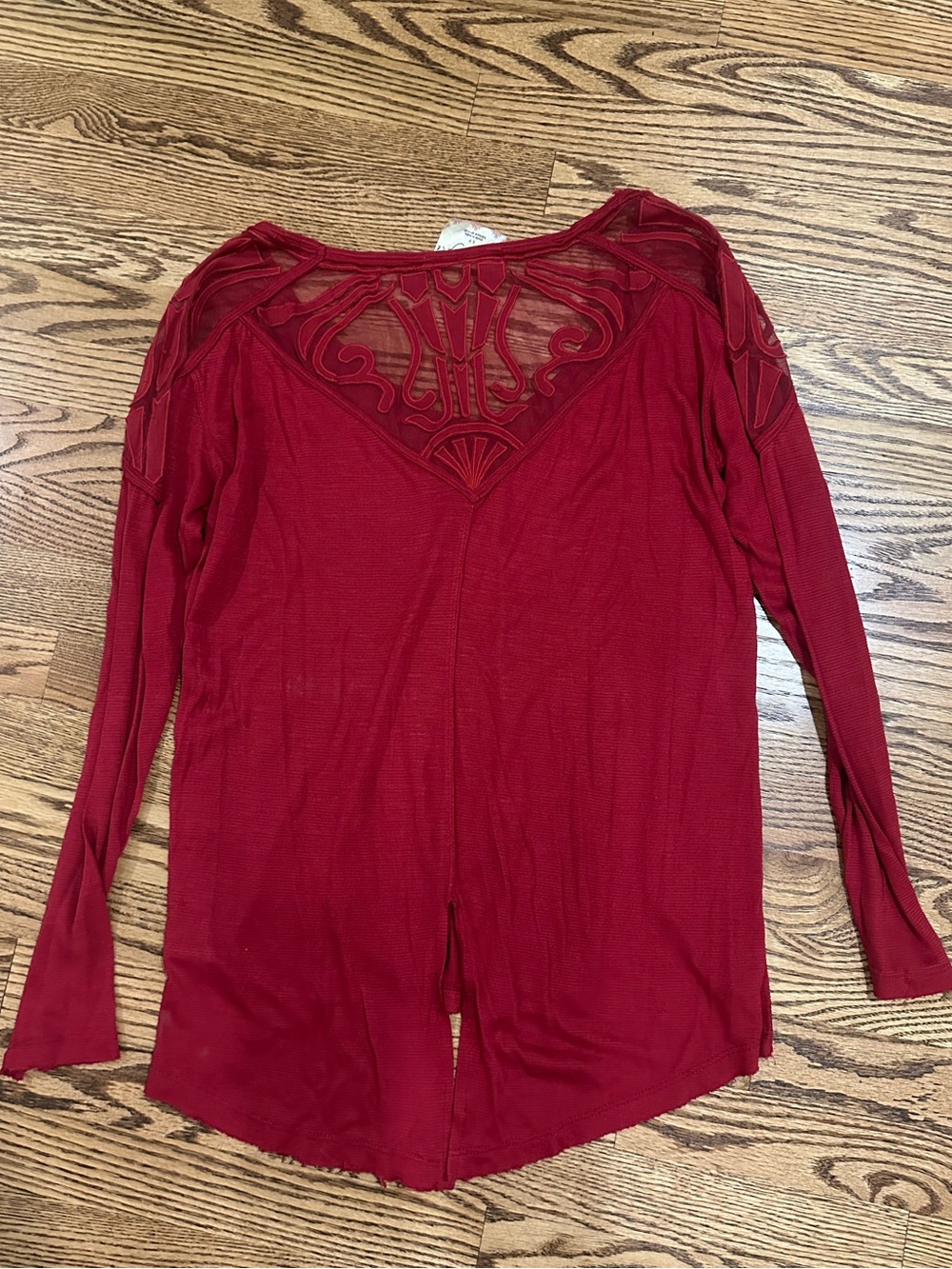 Free People Burgundy V-Neck Long Sleeve Top with Lace Insets - Picture 4 of 4